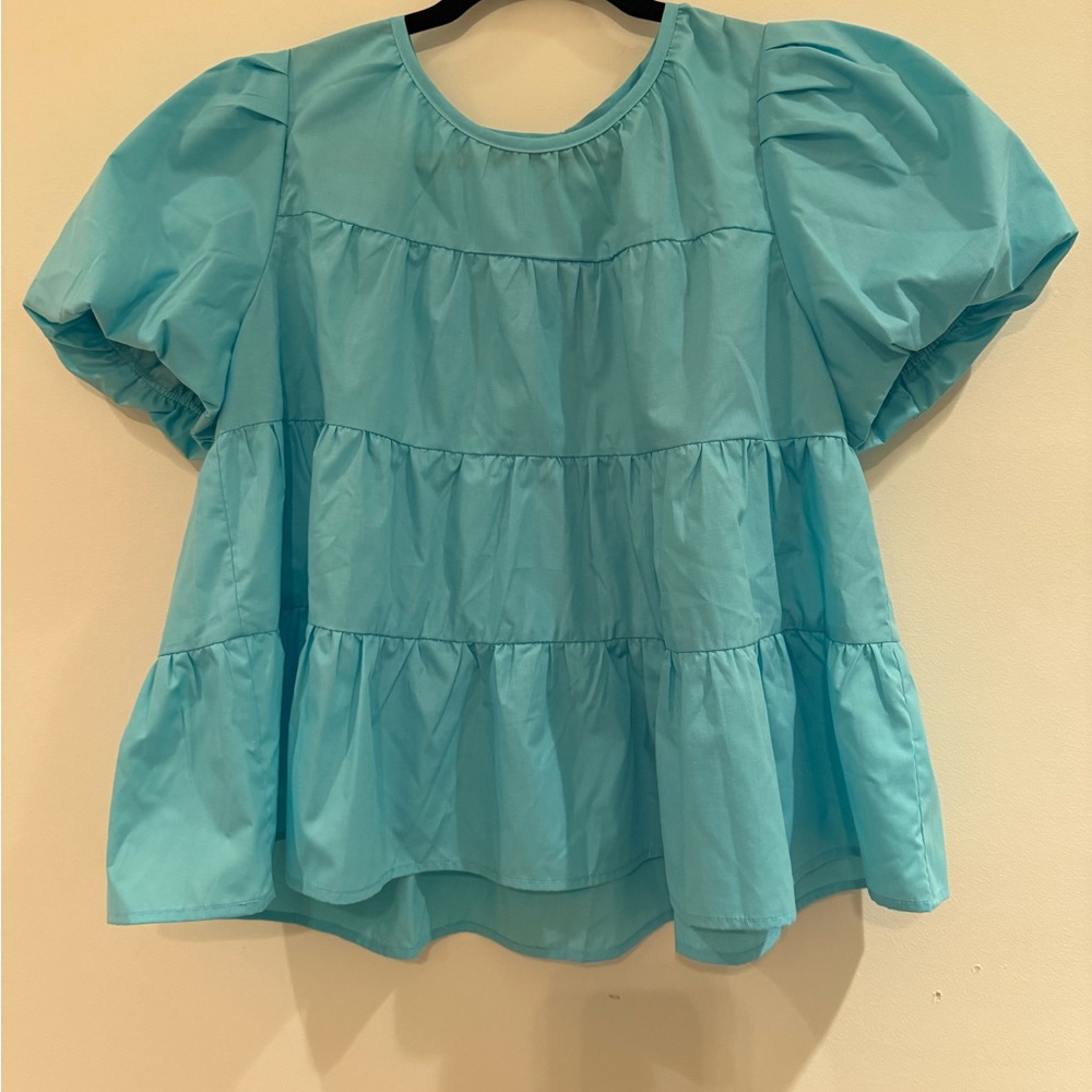Joy Joy Blue Puff Sleeve blue boutique NWT Blouse medium